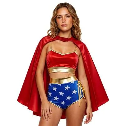 Hero Costumes Gold Trim Spaghetti Strap Tops Star Mini Shorts and Cloak Set of 3 for Halloween Cosplay Party by SHEIN