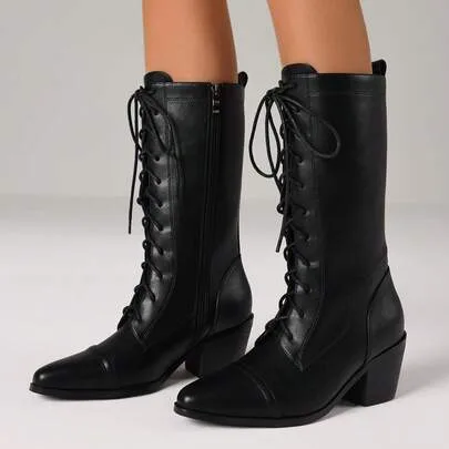 Vintage Mid Calf Boots Pointed Toe Chunky Block Heels with Side Zipper by SHEIN