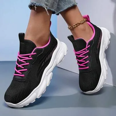 Platform Sneakers Hot Pink Laces Chunky Sole Shoes with Gold Anklet by SHEIN