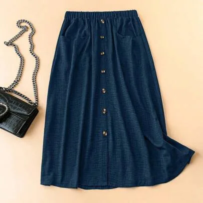 Solid Color Decorative Single-Breasted Casual Skirt by EMERY ROSE