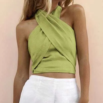 Solid Color Cross-Wrap Sleeveless Vest Top by Travachic
