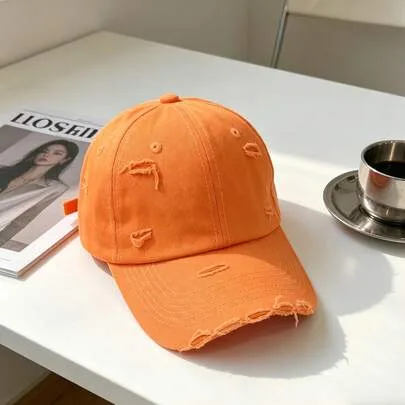 Solid Color Simple Pure Cotton Distressed Baseball Cap, Color-Blocked Design, Adjustable, Soft and Breathable by SHEIN