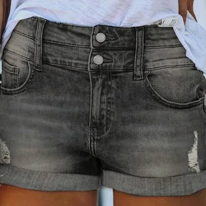 Street Hole Tight Two Button Slim Casual Package Hip Shorts by SHEIN