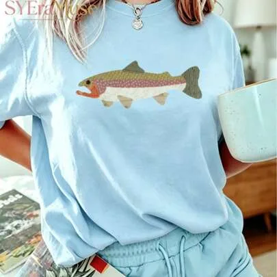 Oversized "Vintage Trout Fish" Nature Graphic T-Shirt by SHEIN