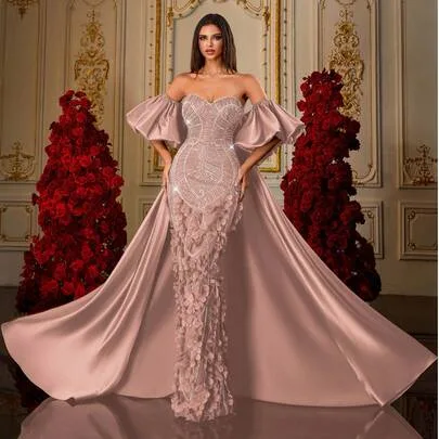 Strapless Beaded Formal Gown, 3D Floral Applique Mermaid Dress, Puff Sleeve Detachable Evening Dress by Elisanya