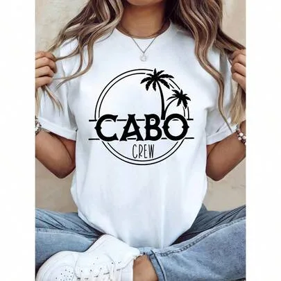 Cabo Travel Crew Palm Tree Graphic Print Short Sleeve Crew Neck Casual T-Shirt