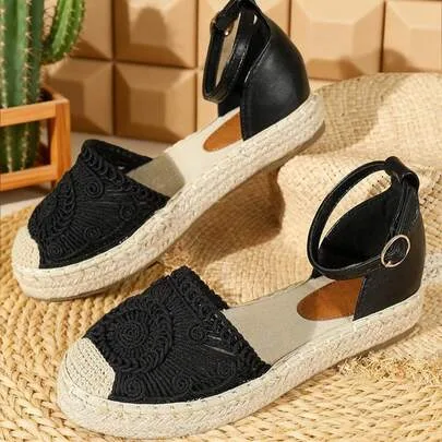 Woven Soles Bohemian Style Closed Toe Ankle Strap Platform Sandals, Comfortable Casual Flat Shoes by Mishansha