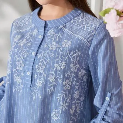 Embroidered Striped Casual Long Sleeve Shirt by Solavon