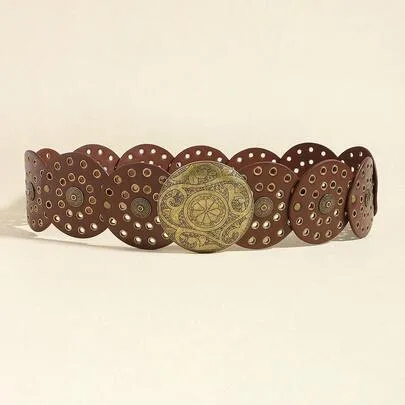Cowgirl Belt, Chunky Bohemian Cowboy Style Belt, Retro Cowgirl Hollow Metal Patchwork Waist Belt by SHEIN