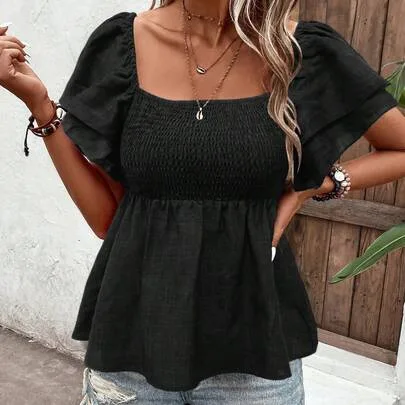 Square Neck French Style Flare Cap Sleeve Blouse, Boho Casual Puff Cropped Top by Breezaya