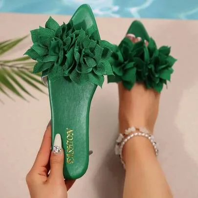 Pointed Toe Handmade Lotus Flower Open Toe Flat Slide Sandals