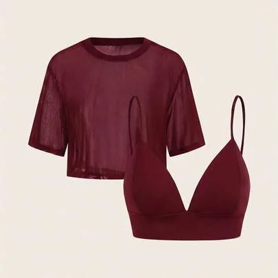 Solid Color Mesh Short Sleeve Top Paired with Cropped Camisole by SHEIN