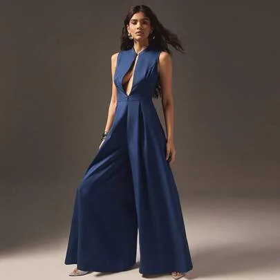 Extreme Wide Leg Zip Front Sleeveless Jumpsuit by Hauture