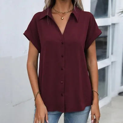 Casual Button Up Batwing Sleeve Short Sleeve Shirt