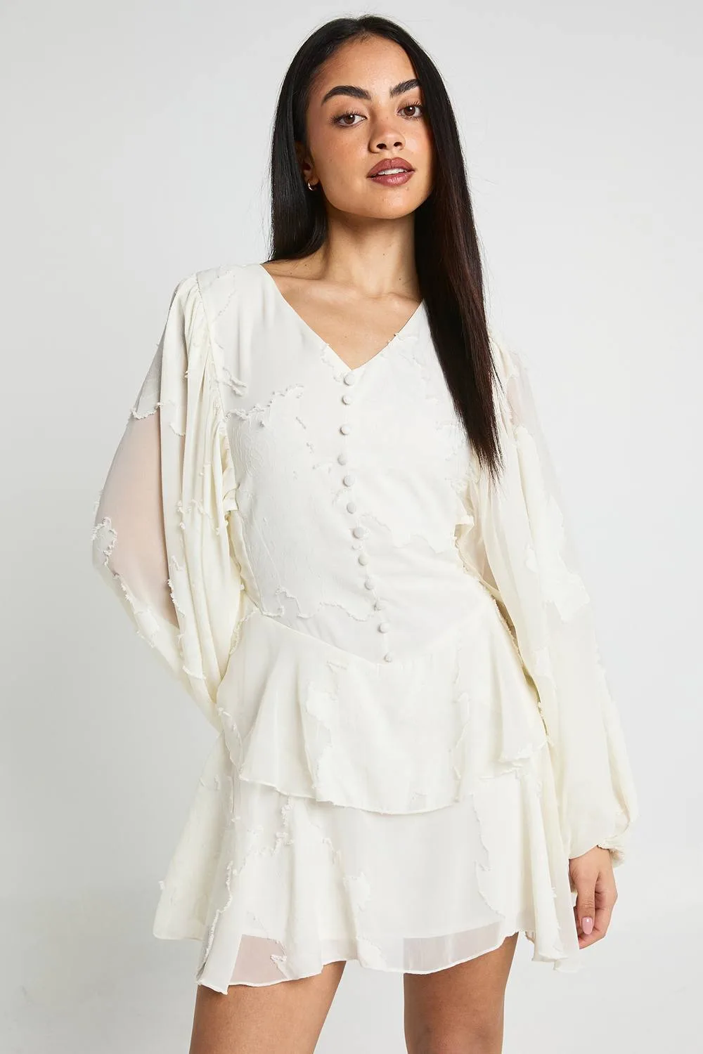 Floral Burnout Volume Sleeve Ruffle Hem Mini Dress
