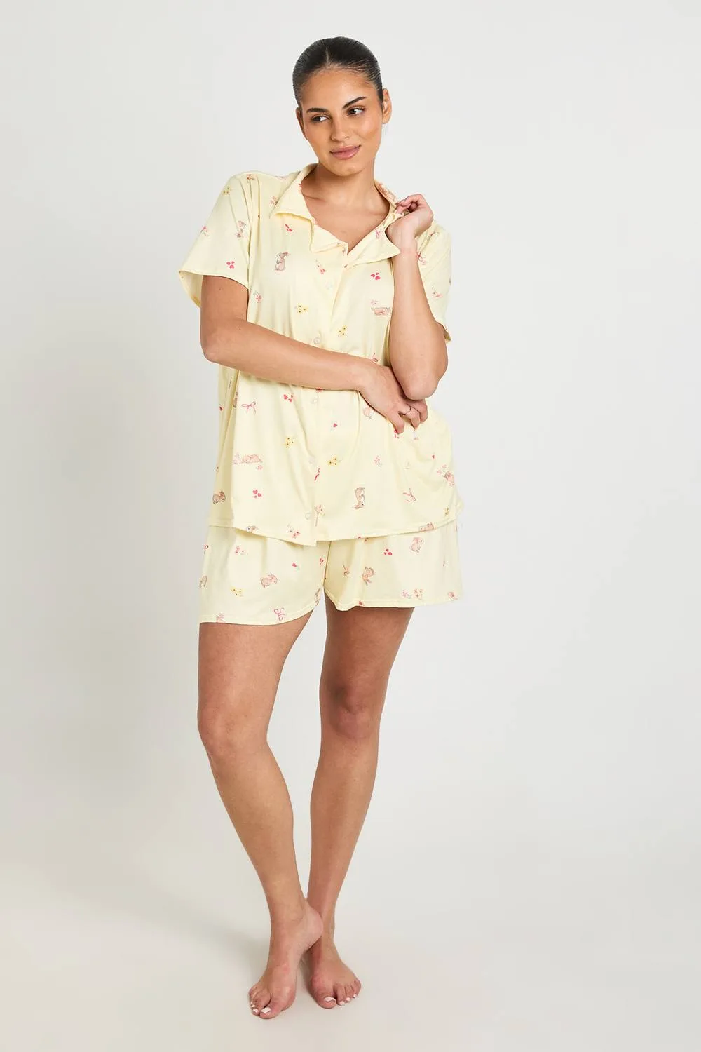 Bunny & Bow Print Short Sleeve Shirt & Short Pyjama Set by boohoo