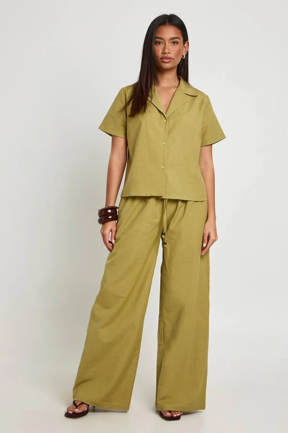Linen Look Beaded Wide Leg Trousers by boohoo
