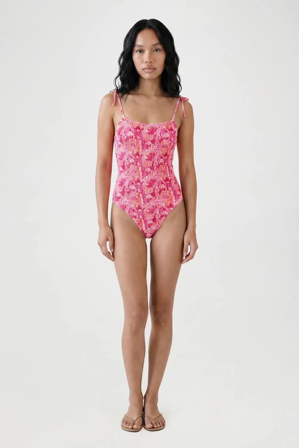 Floral Print Shirred Bow Strap Square Neck Swimsuit by boohoo