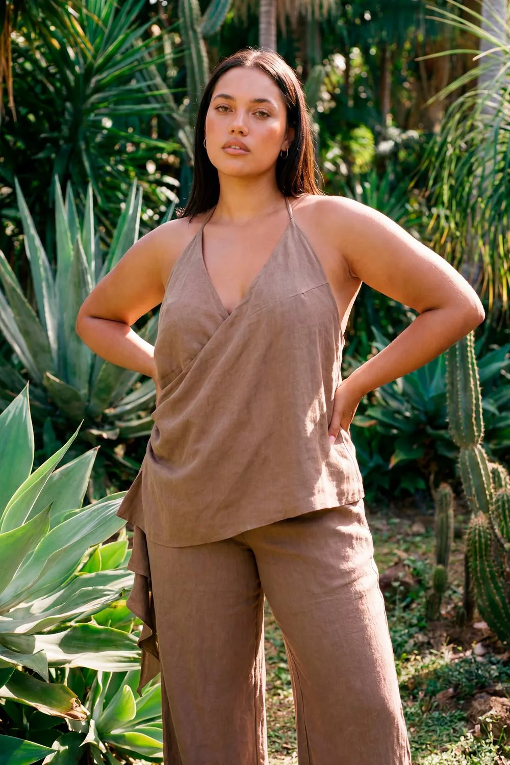 Peached Halter Neck Tie Ruffle Side Detail Top by boohoo