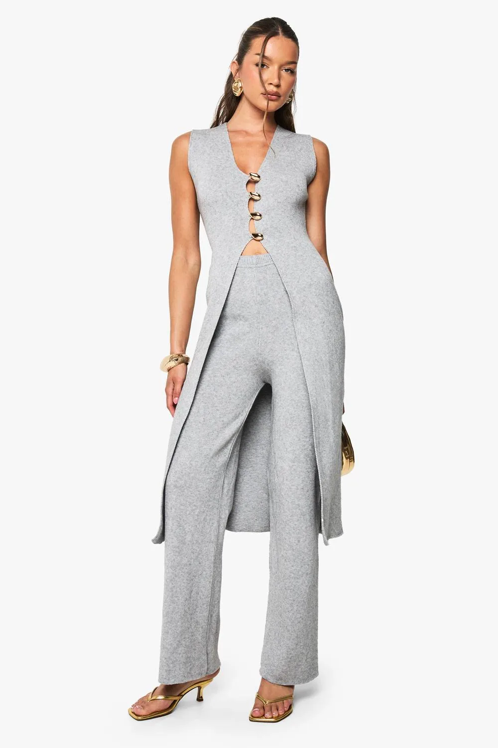 Gold Button Detail Longline Knitted Waistcoat & Wide Leg Trouser Co-Ord by boohoo