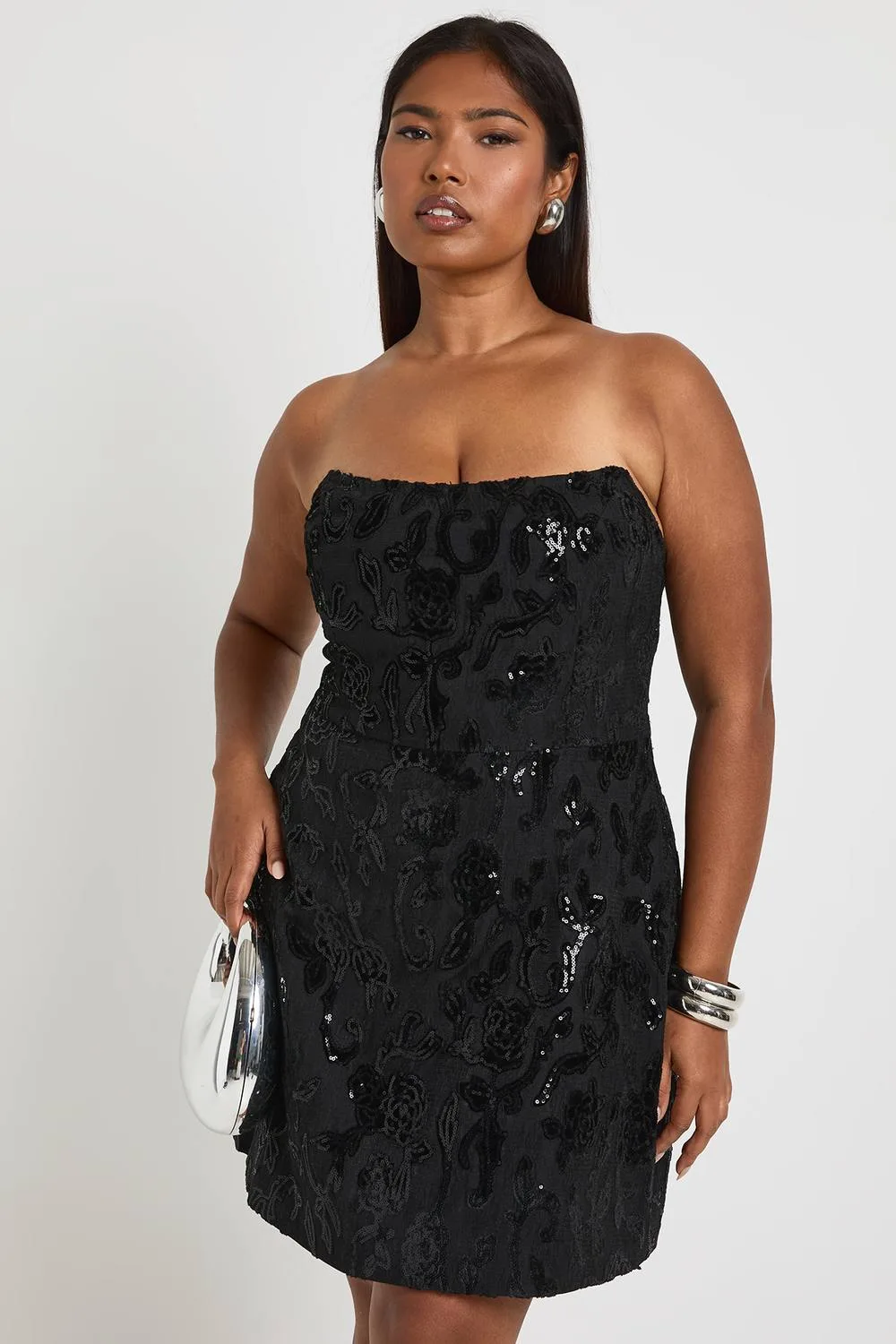Bandeau Structured Velvet Lace Demask Skater Mini Dress by boohoo