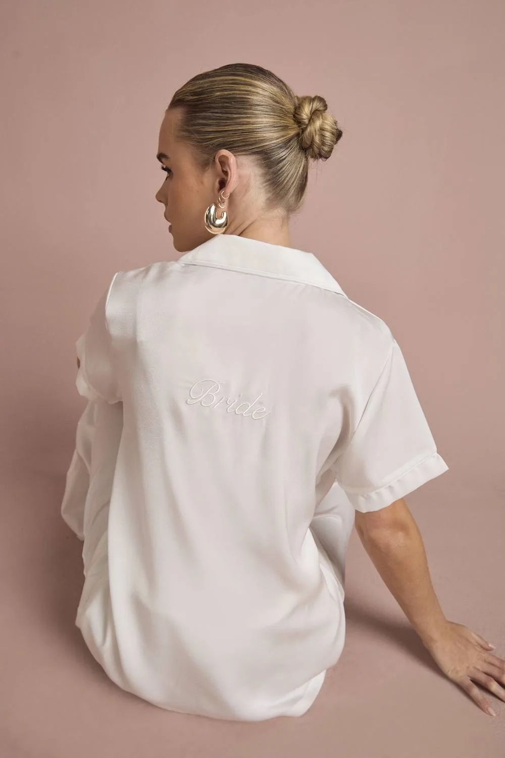 Bridal Bride Satin Embroidered Short Sleeve Shirt & Trousers Pyjama Set by boohoo
