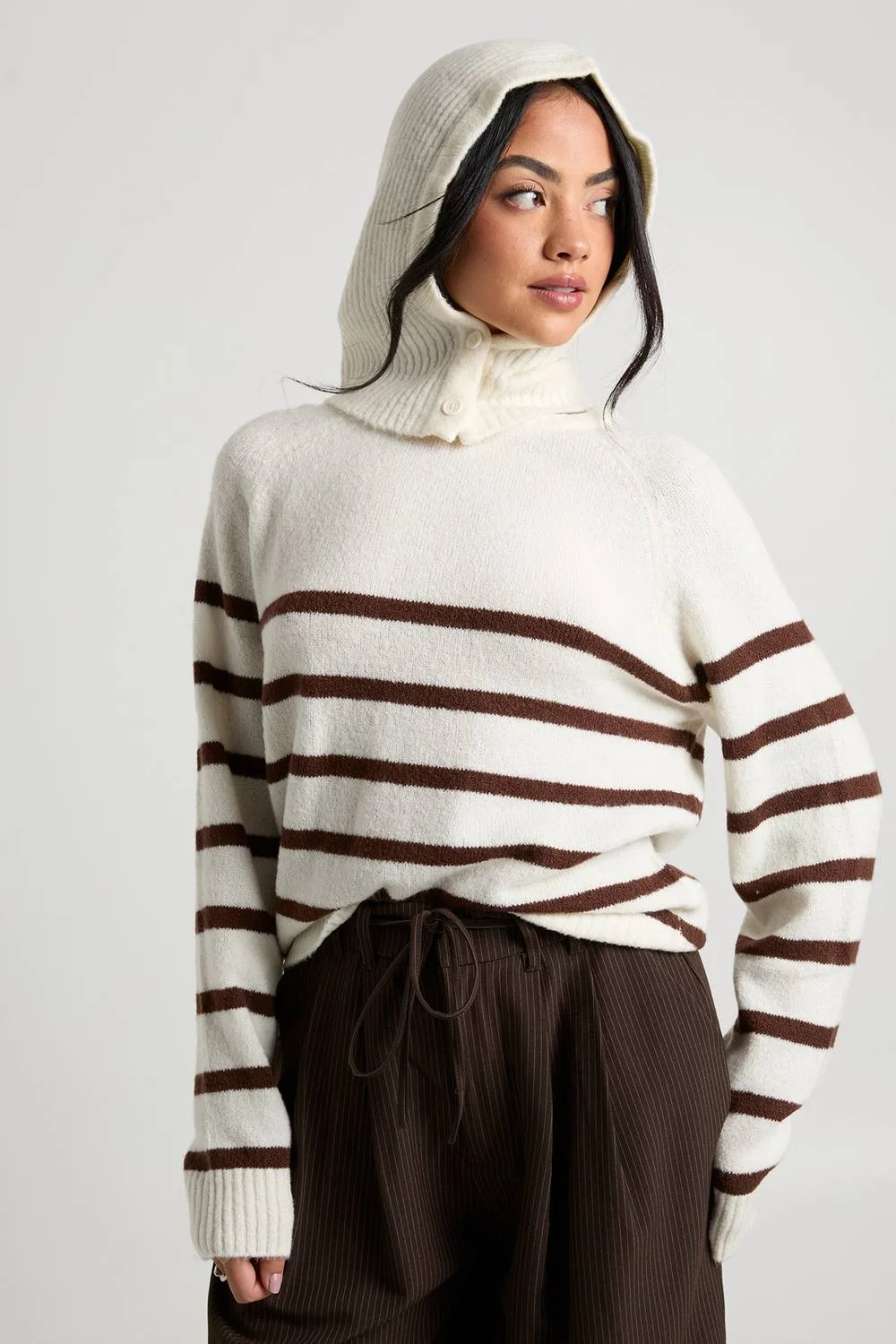 Stripe Soft Knit Jumper with Detachable Hood by boohoo
