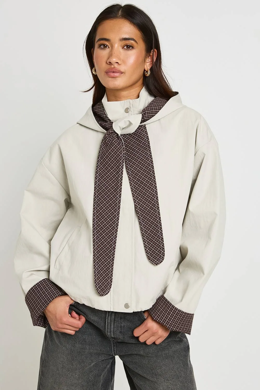 Check Lined Hooded Jacket - Stone by boohoo