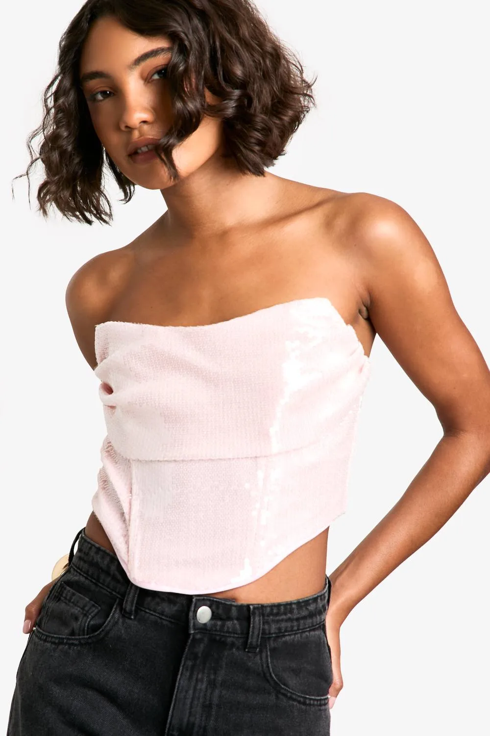 Sequin Cowl Corset Top by boohoo