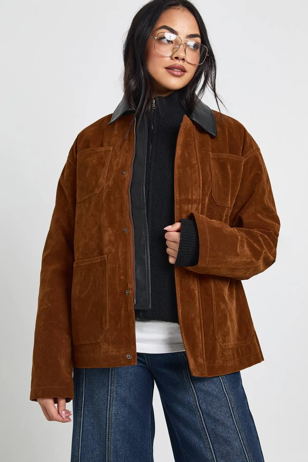 Boxy Suede Bomber Jacket by boohoo