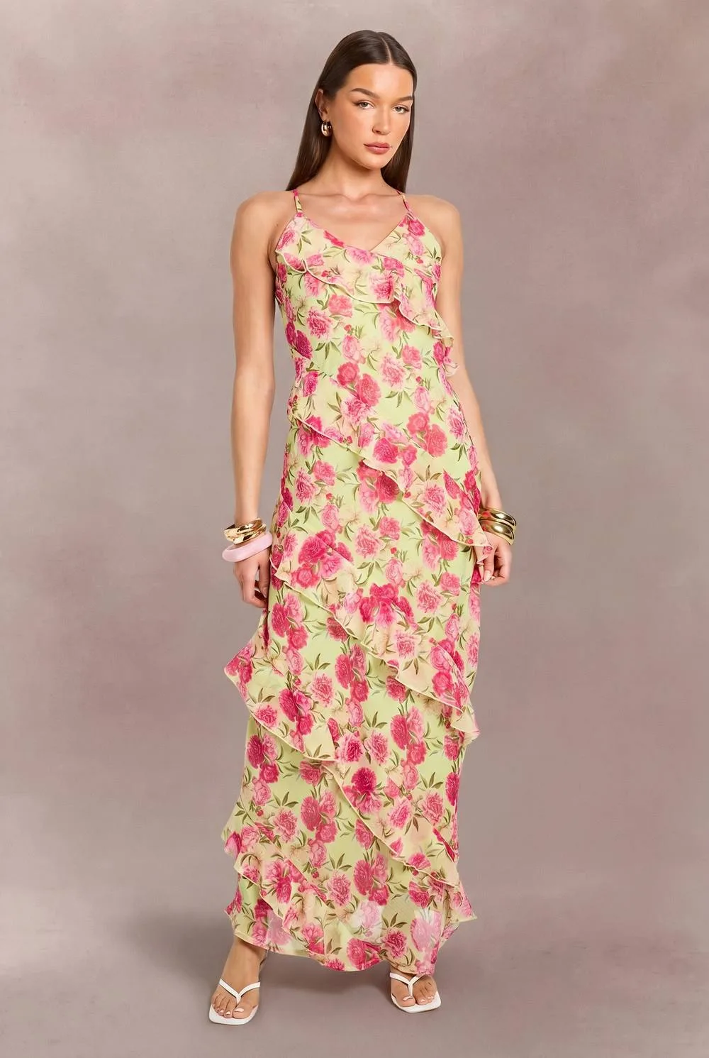 Chiffon Pastel Floral Ruffle Detail Maxi Dress by boohoo