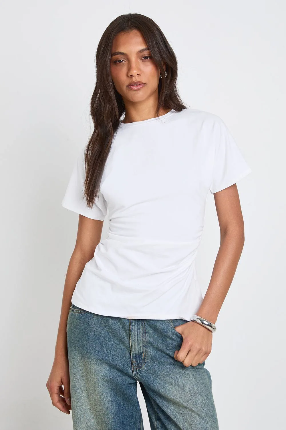 Jersey Ruched Waist Cap Sleeve T-Shirt by boohoo