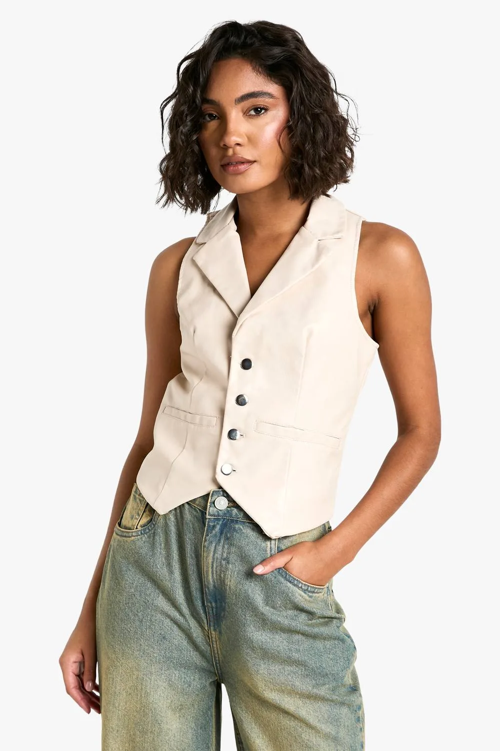 Faux Leather Button Down Waistcoat by boohoo
