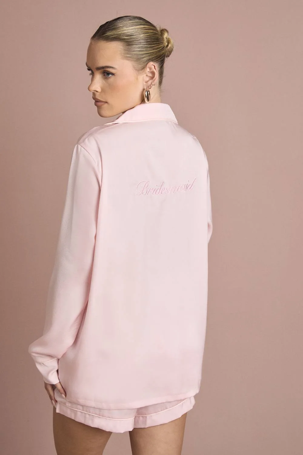 Bridal Bridesmaid Satin Embroidered Long Sleeve Shirt & Short Pyjama Set by boohoo