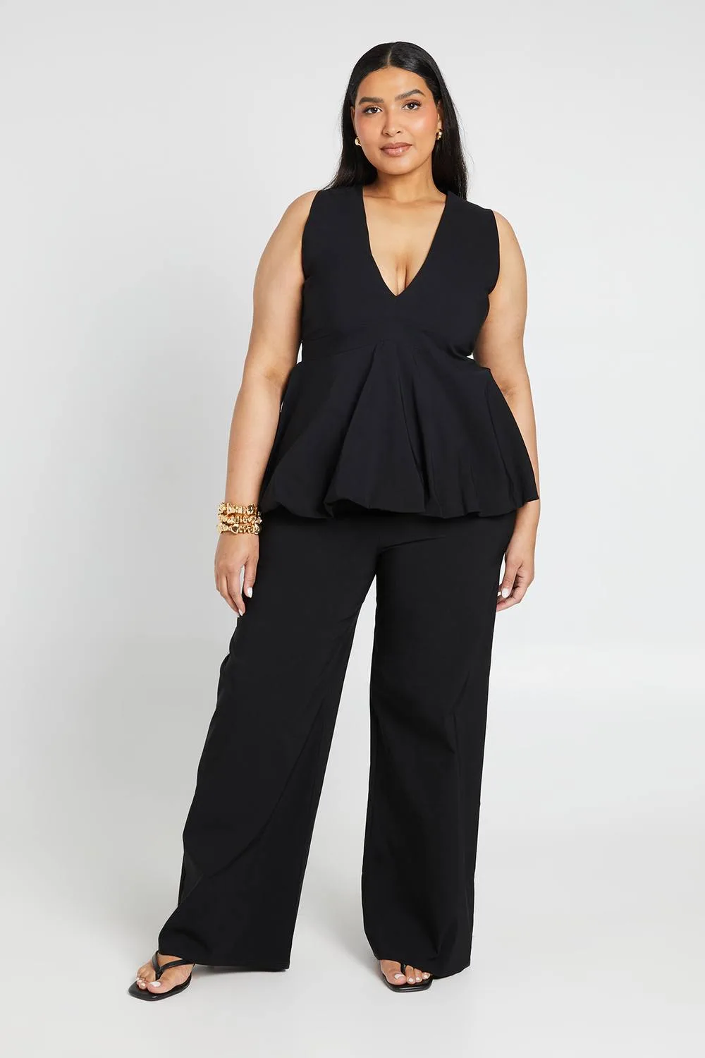 Bengaline Plunge V Neck Peplum Top & Wide Leg Trouser Co Ord by boohoo