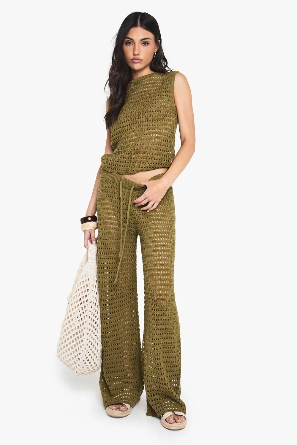 Crochet Knitted High Neck Top & Wide Leg Trouser by boohoo