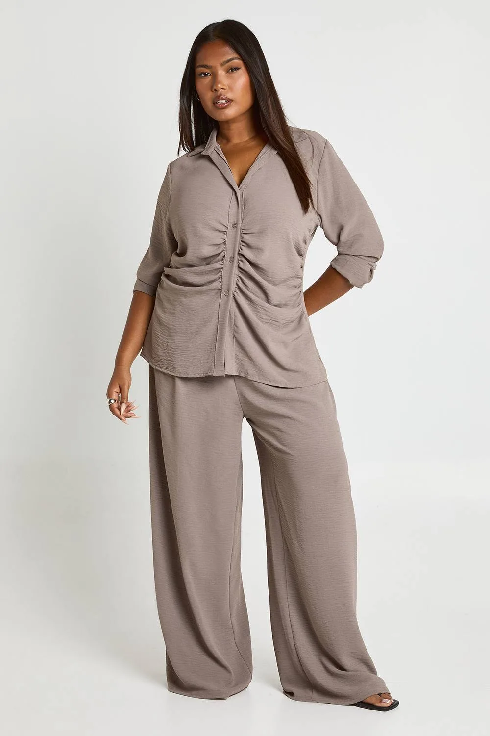 Woven Cinched Shirt & Elasticated Wide Leg Trouser Co Ord