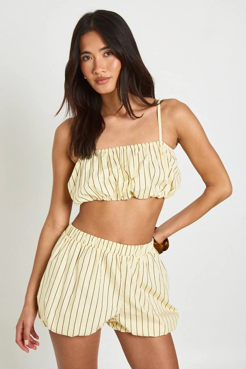 Cotton Striped Puff Ball Crop Top by boohoo