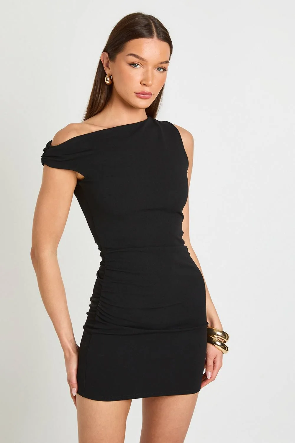 Jersey Crepe Drape Shoulder Mini Dress
