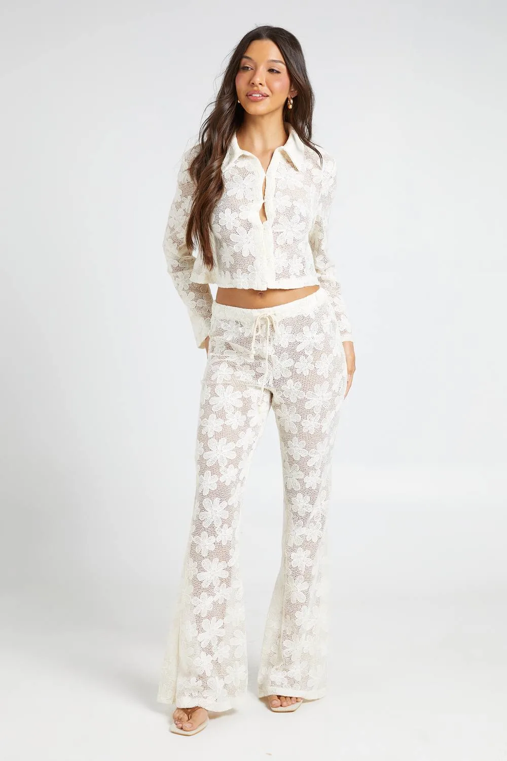 Ditsy Crochet Flare Trousers by boohoo