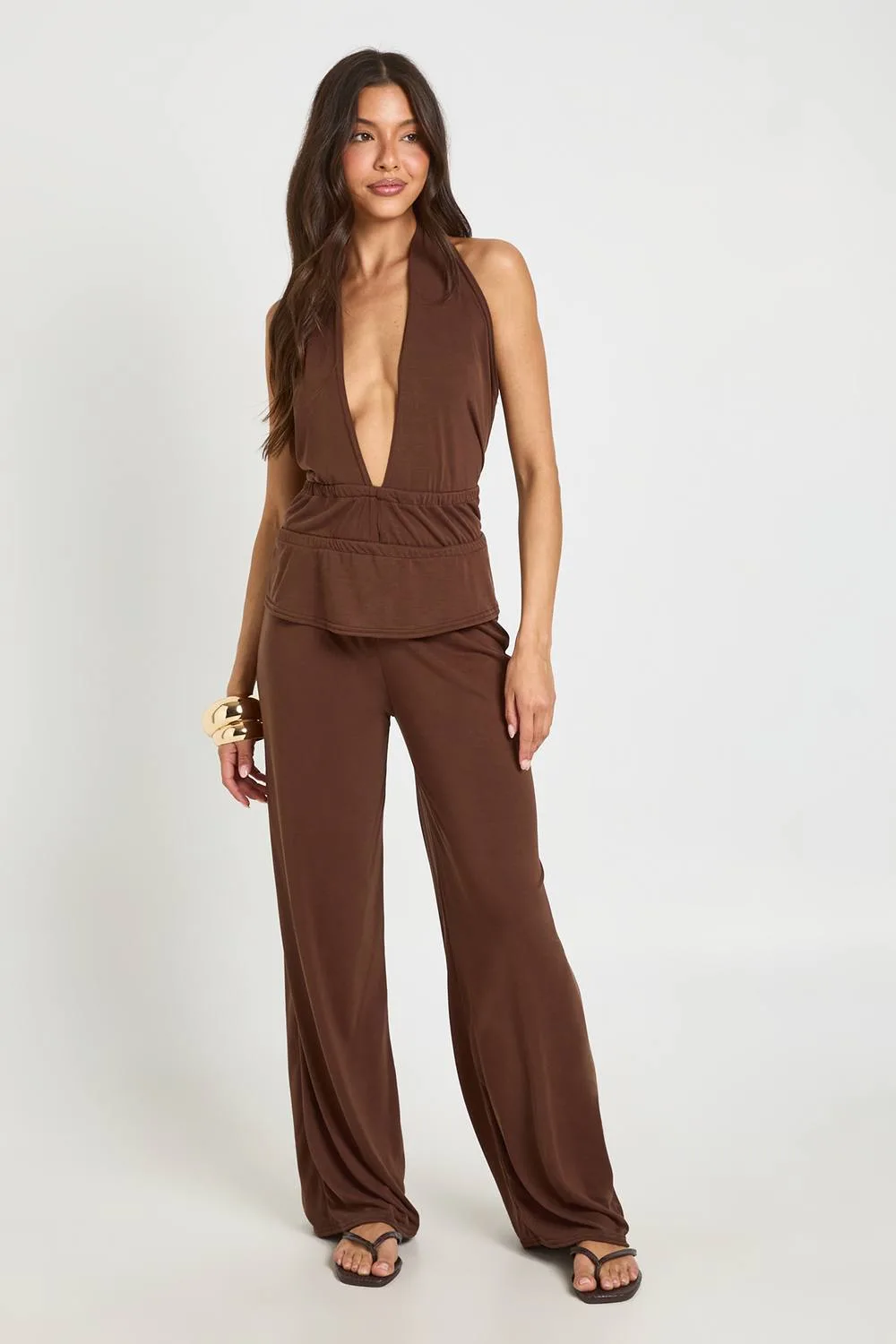 Peplum Halterneck Tie Back Top & Trouser Coord by boohoo