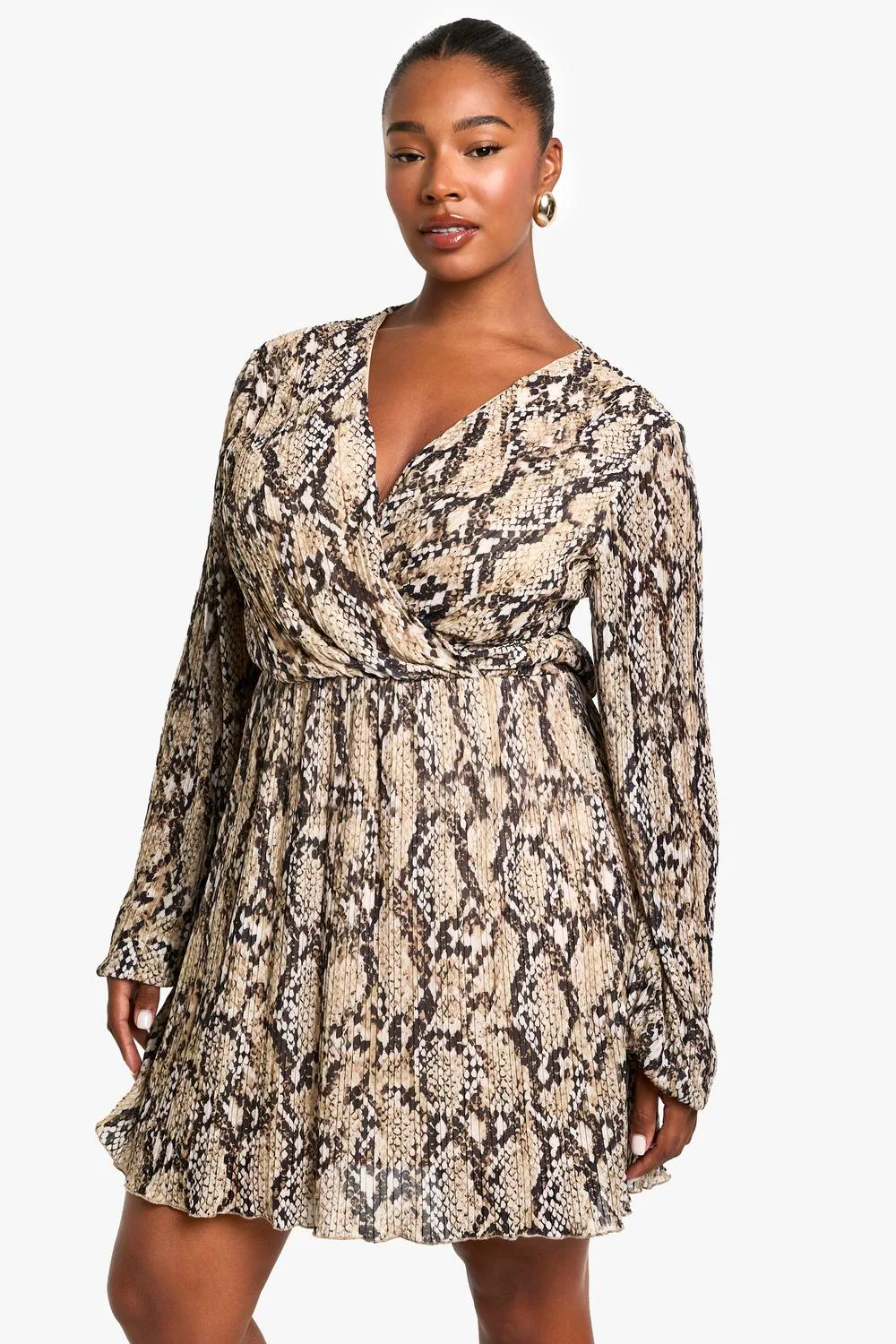 Snake Print Plisse Skater Dress by boohoo