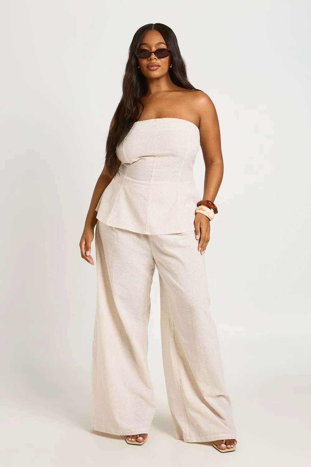 Stripe Linen Look Bandeau Longline Top & Extreme Wide Leg Trouser Co Ord by boohoo