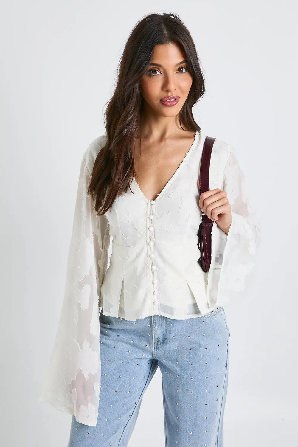 Floral Textured Button Down Blouse by boohoo