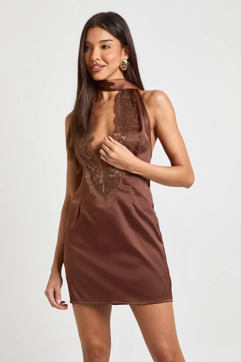 Satin & Lace Scarf Detail Mini Dress