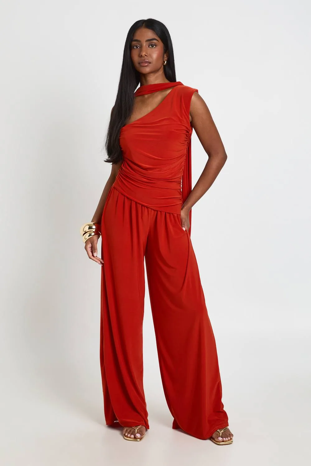 Slinky One Shoulder Drape Detail Jumpsuit by boohoo
