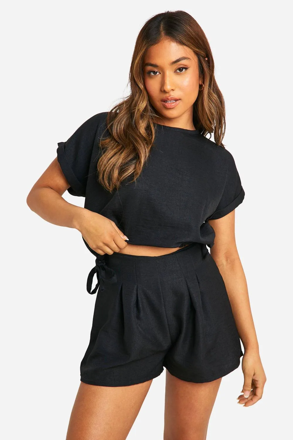 Linen Look Tie Side T-Shirt by boohoo
