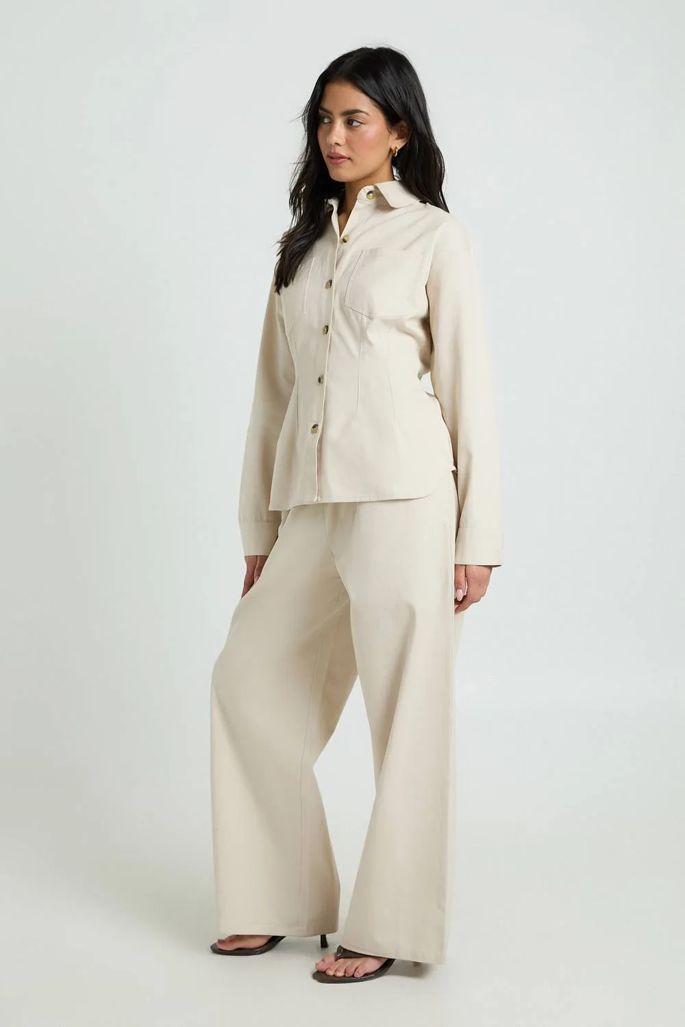 Chambray Drawcord Wide Leg Trousers by boohoo