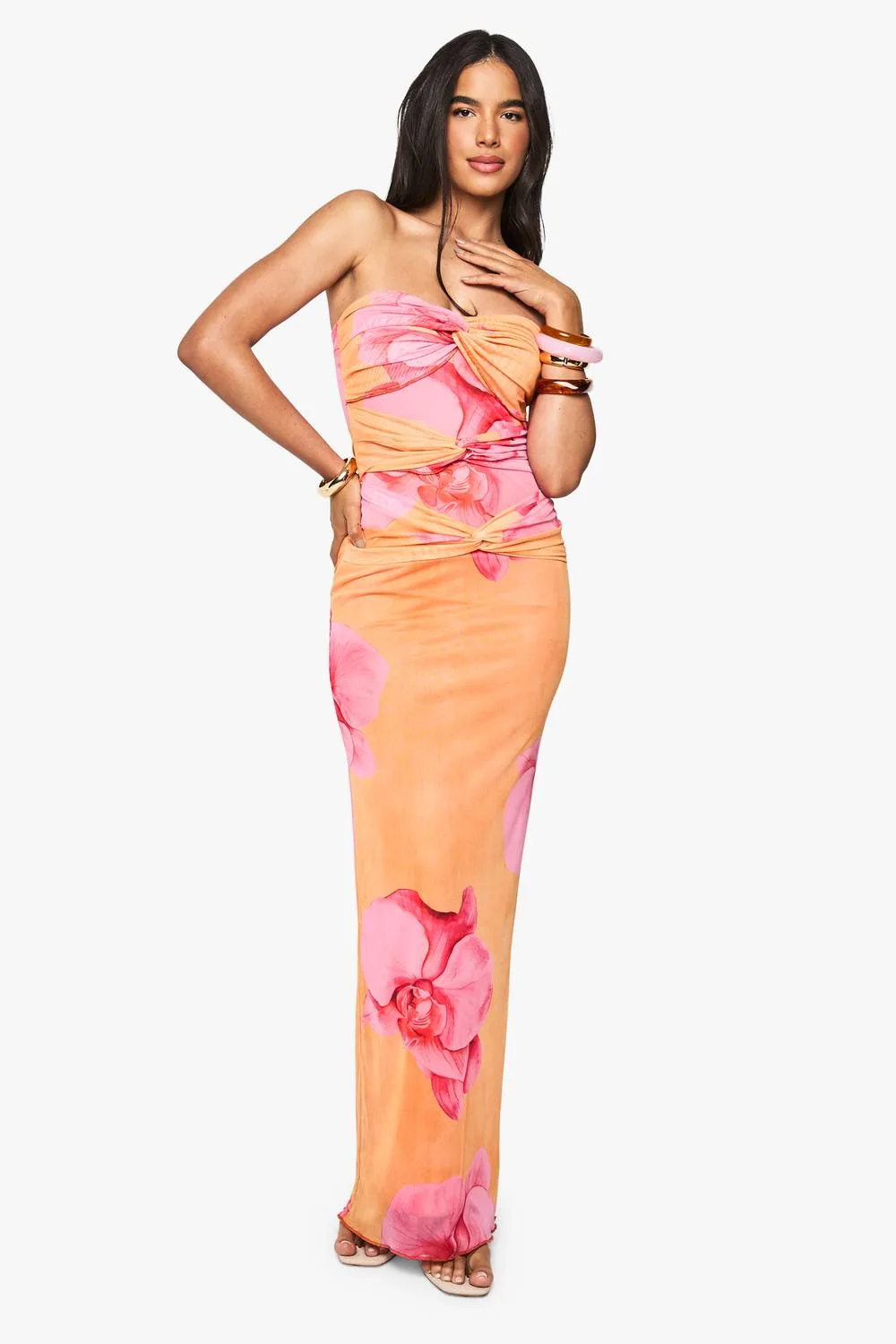 Bandeau Twist Detail Floral Mesh Maxi Dress by boohoo