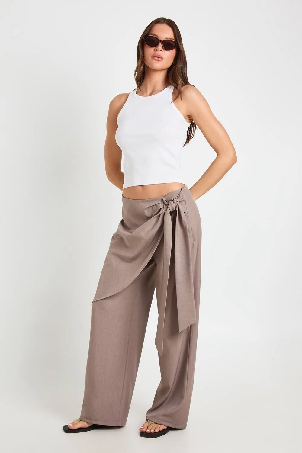 Marl Overlay Tie Wide Leg Tailored Trousers by boohoo